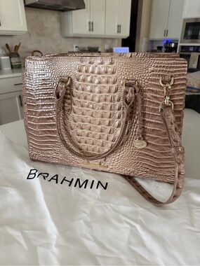 Large Brahmin Metallic gold Satchel with Croc Embossing